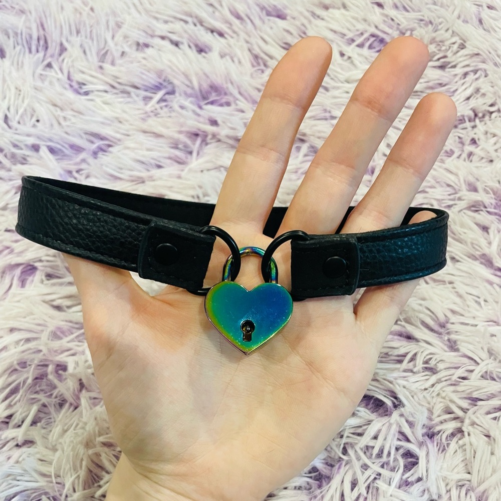 Iridescent Heart Locket Black Velvet and Leather Choker Collar Necklace